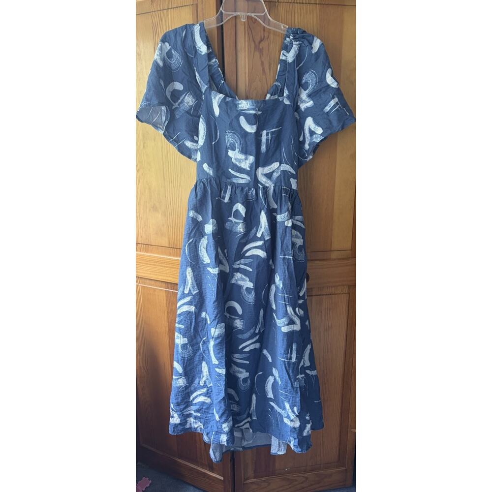 A New Day Blue Swirl Print Open Tie Back Midi Dress Flutter Sleeves Size L
